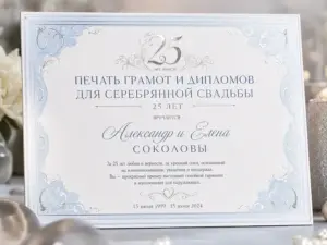 Печать грамот и дипломов для серебрянной свадьбы 25 лет в Москве